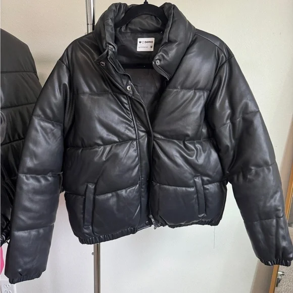 Cisono Black Puffer Jacket - Faux Leather - Picture 1 of 2